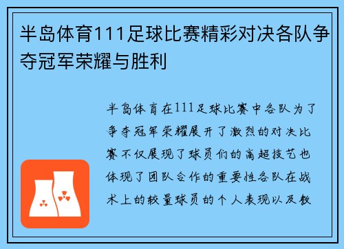 半岛体育111足球比赛精彩对决各队争夺冠军荣耀与胜利