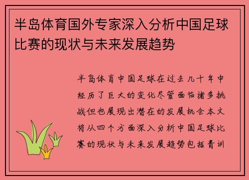 半岛体育国外专家深入分析中国足球比赛的现状与未来发展趋势