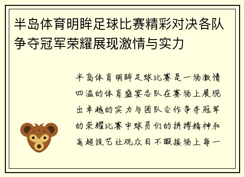 半岛体育明眸足球比赛精彩对决各队争夺冠军荣耀展现激情与实力