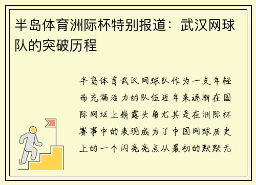 半岛体育洲际杯特别报道：武汉网球队的突破历程