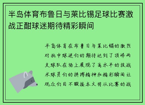半岛体育布鲁日与莱比锡足球比赛激战正酣球迷期待精彩瞬间