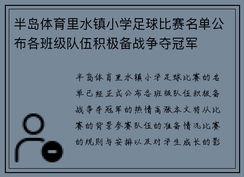 半岛体育里水镇小学足球比赛名单公布各班级队伍积极备战争夺冠军