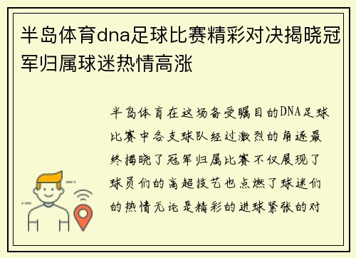 半岛体育dna足球比赛精彩对决揭晓冠军归属球迷热情高涨